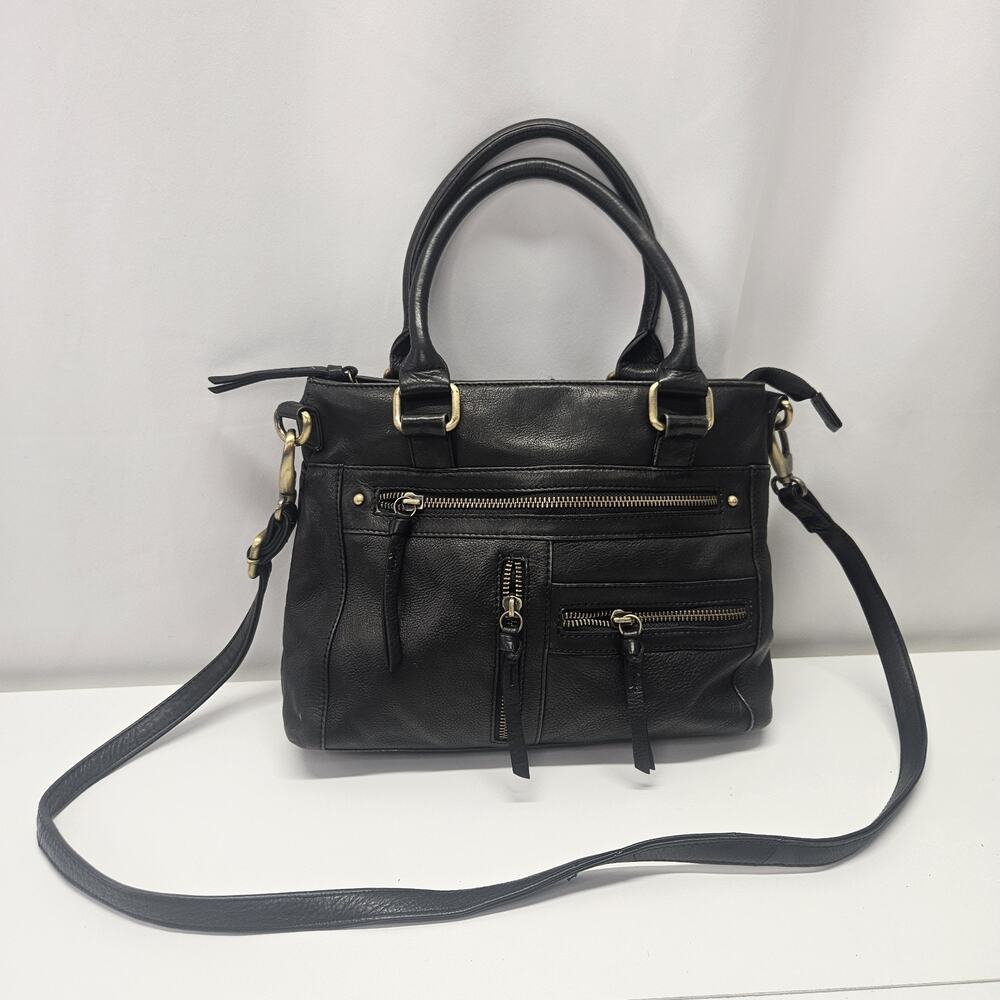 Vtg Y2K Black Soft Leather Crossbody Shoulder Bag Zipper Compartments Top Handle
